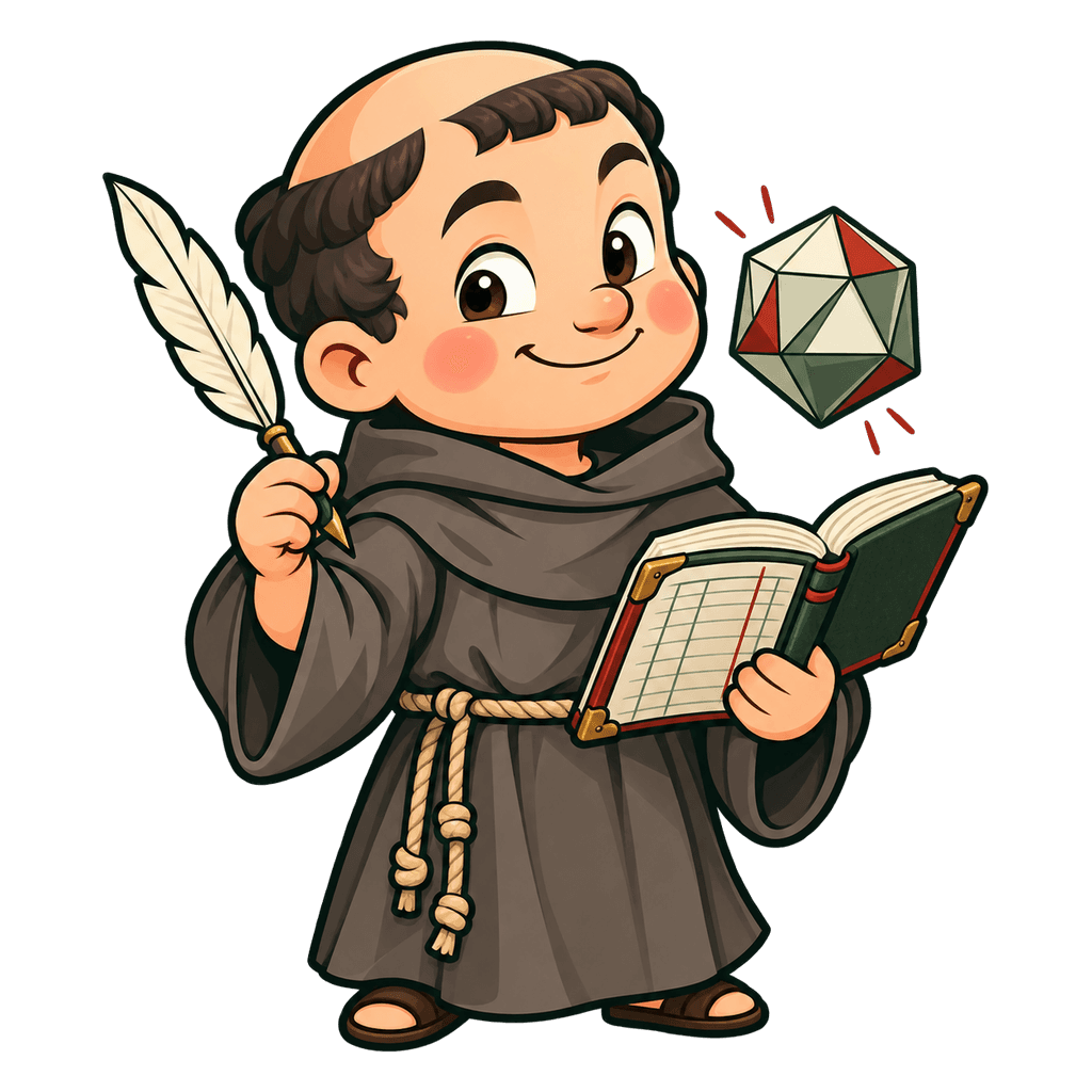 Paciolino, a cartoon friar, holding a quill and a ledger, with a polyhedron floating beside him