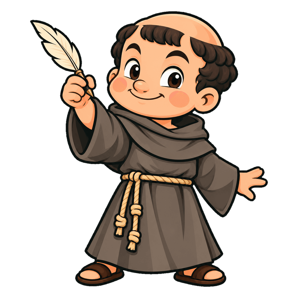Paciolino, a cartoon friar, holding up a quill